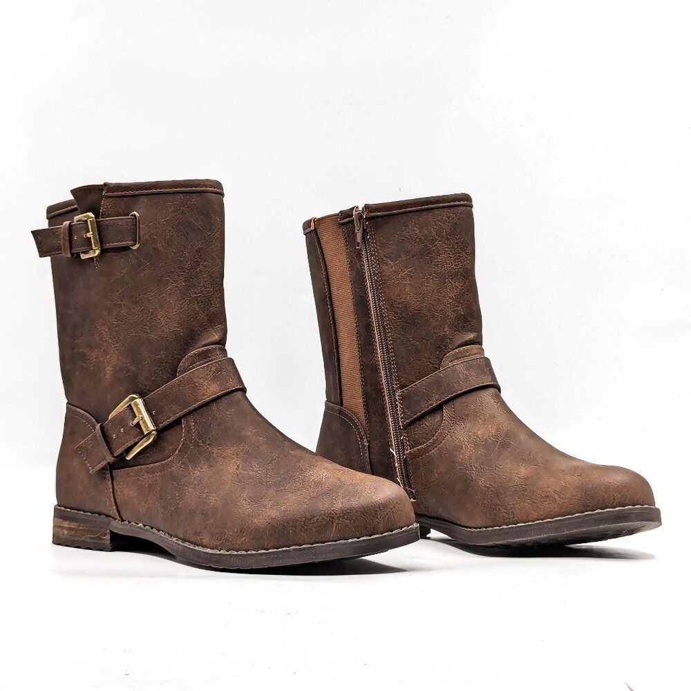 Lane Bryant Women Brown Leather Wide Fit Buckle Moto Zip Ankle Boots size 11W